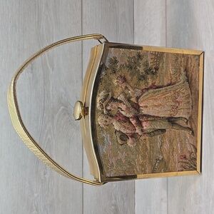 Vintag1960s TYROLEAN Bag Tapestry Cloth Embroidered Puffed Puffy Victorian Purse